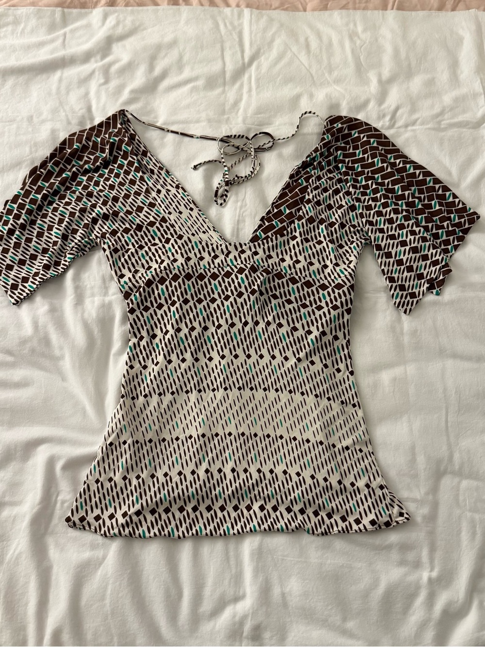 Y2K Sky 100 Percent Silk Geometric Boho Blouse Empire Waist Kimono Sleeve Top L - Picture 6 of 6